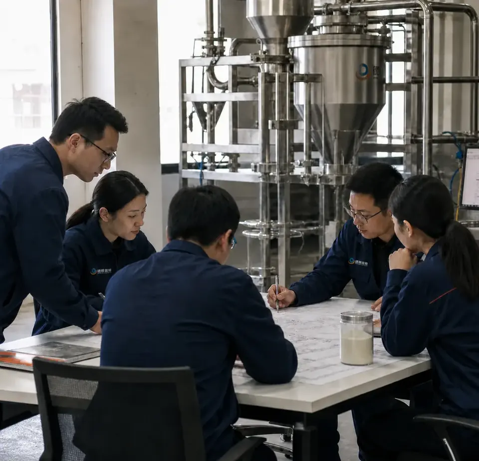 企业文化形象图:工程团队协同研讨粉体系统方案
